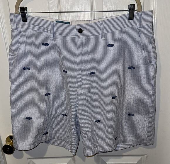 Castaway Nantucket Cisco Shorts 38W Blue Striped Seersucker Allover Bonefish